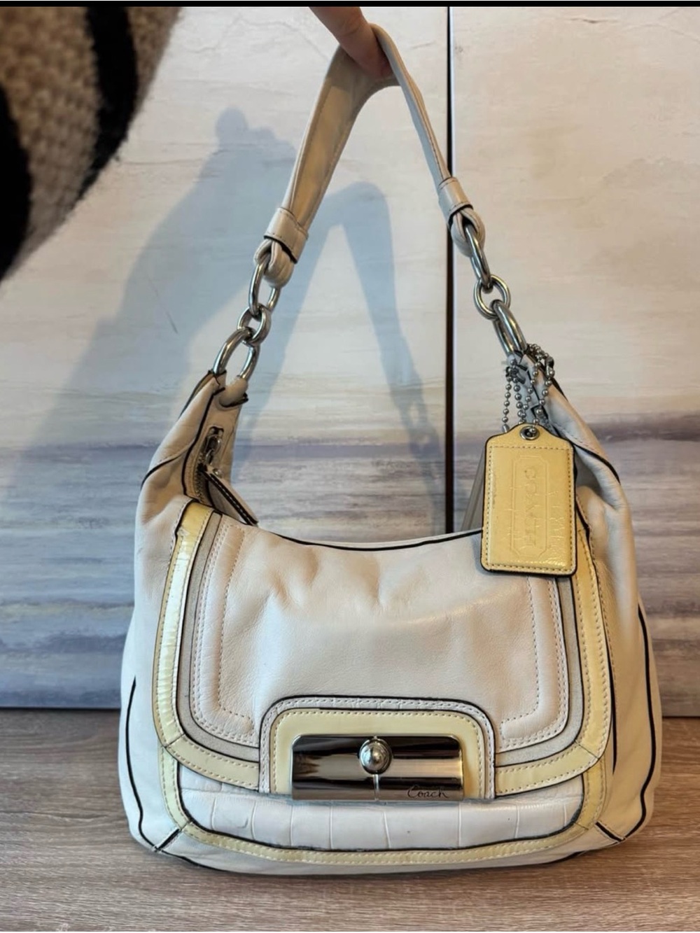 Coach Kristin Spectator Leather Hobo Bag Ivory Parchment Croc Trim 18287